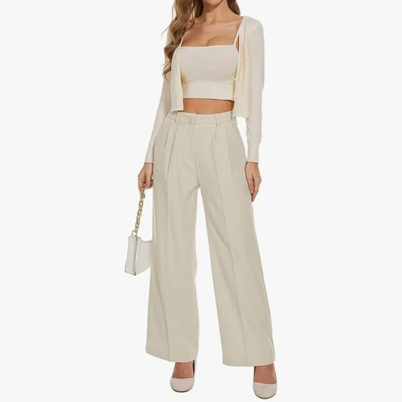 FUNYYZO Wide Leg Work Trousers High Elastic Back Waist Beige Straight Leg Pants - Picture 1 of 8